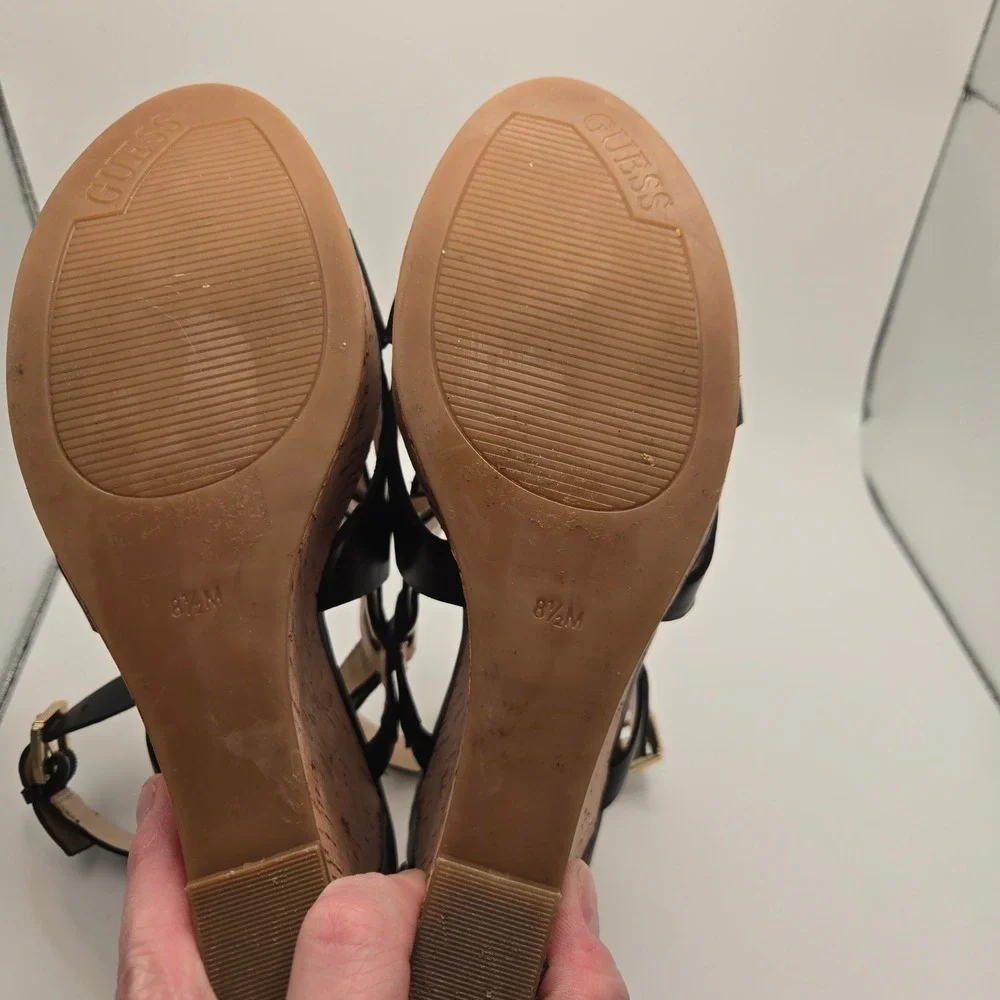 Guess Wedge Sandals Womens 8.5 Black ‎ Leather Cork Strappy Platform (S11)